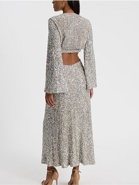 Express XL Silver Sequin Long Sleeve Twist Front  Maxi Dress with Cutout Back